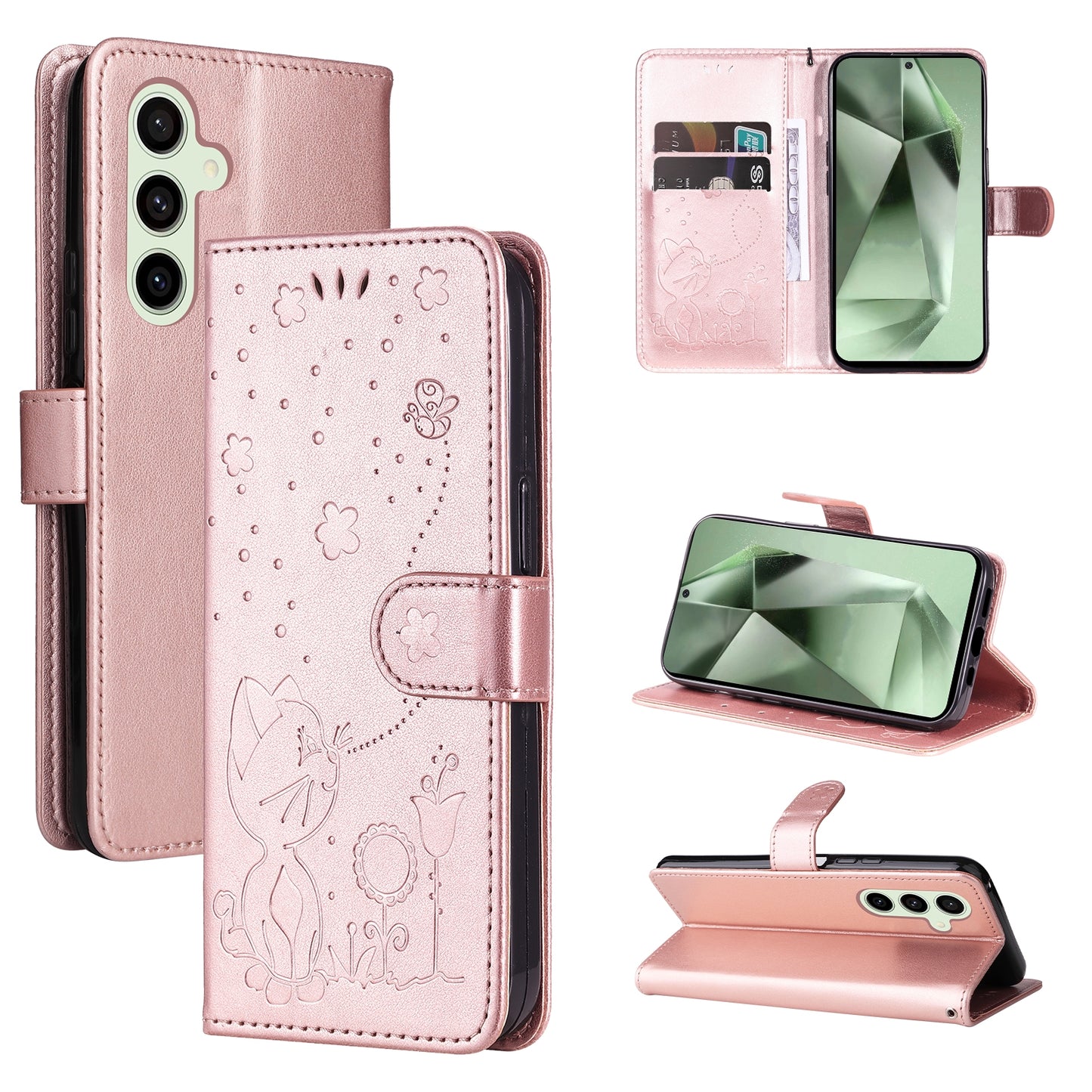 For Samsung Galaxy S24 FE 5G Cat and Bee Embossed Flip Leather Phone Case Wallet Cover with Card Slots Cash Pocket Magnetic Stand Protective Shockproof TPU PU Leather Case with Wrist Strap