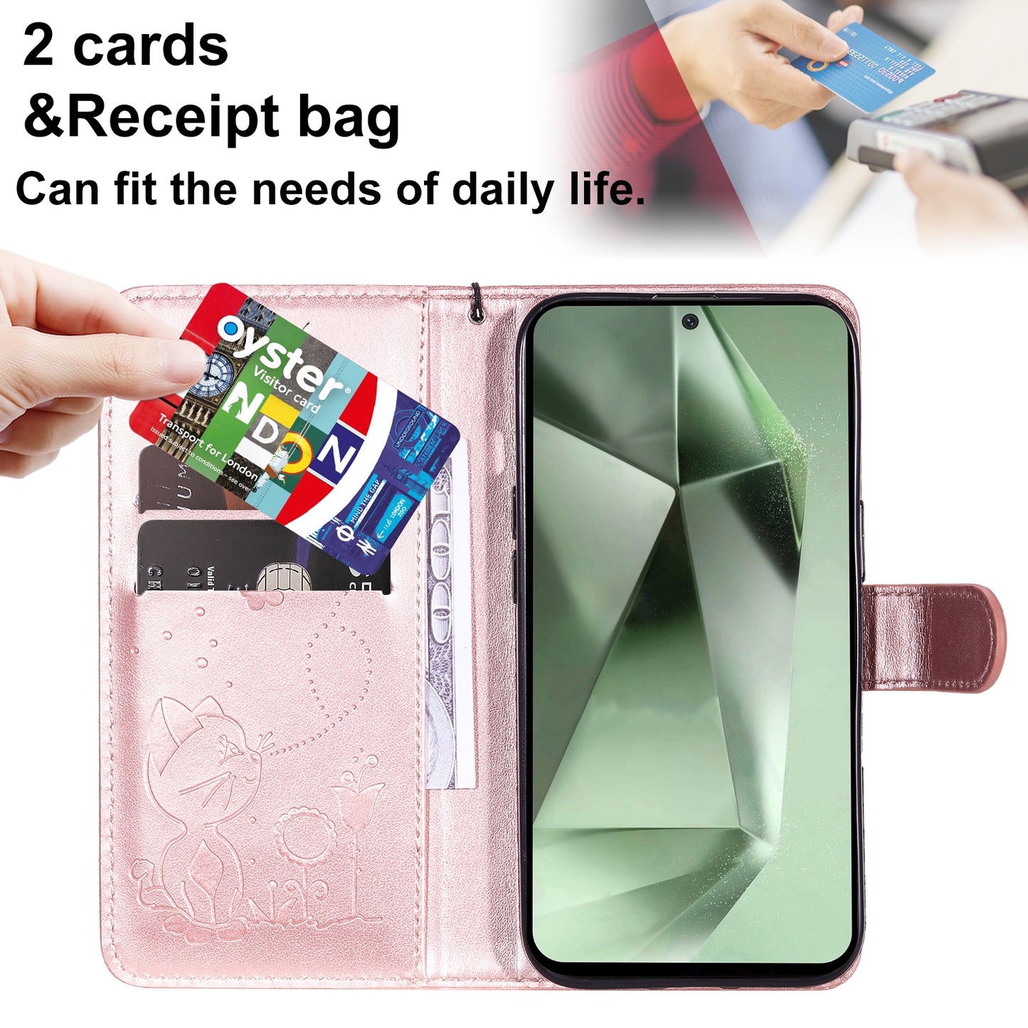 For Samsung Galaxy S24 FE 5G Cat and Bee Embossed Flip Leather Phone Case Wallet Cover with Card Slots Cash Pocket Magnetic Stand Protective Shockproof TPU PU Leather Case with Wrist Strap