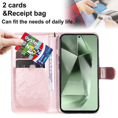 For Samsung Galaxy S24 FE 5G Cat and Bee Embossed Flip Leather Phone Case Wallet Cover with Card Slots Cash Pocket Magnetic Stand Protective Shockproof TPU PU Leather Case with Wrist Strap