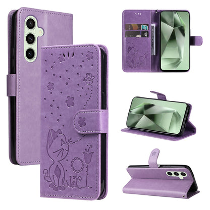 For Samsung Galaxy S24 FE 5G Cat and Bee Embossed Flip Leather Phone Case Wallet Cover with Card Slots Cash Pocket Magnetic Stand Protective Shockproof TPU PU Leather Case with Wrist Strap