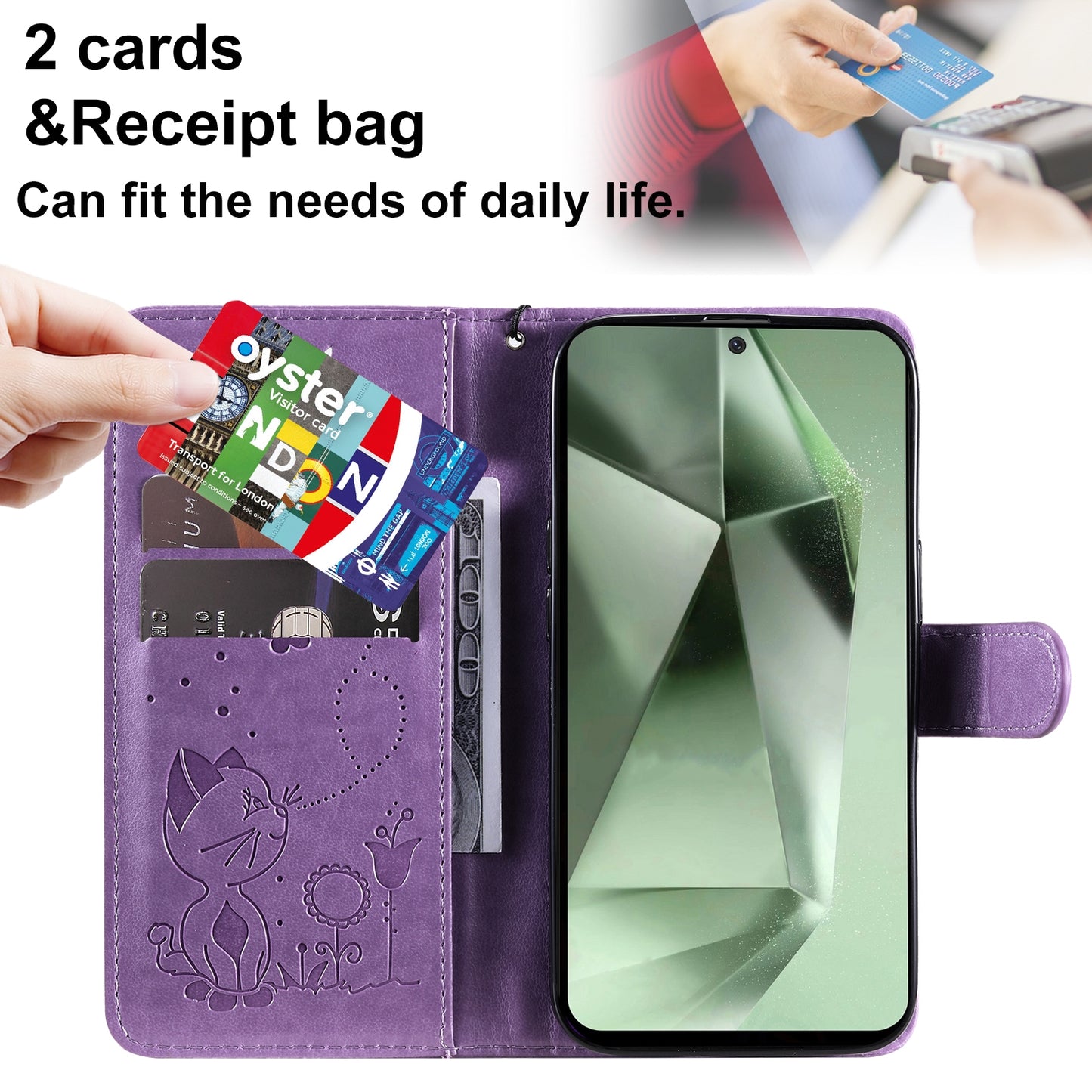 For Samsung Galaxy S24 FE 5G Cat and Bee Embossed Flip Leather Phone Case Wallet Cover with Card Slots Cash Pocket Magnetic Stand Protective Shockproof TPU PU Leather Case with Wrist Strap