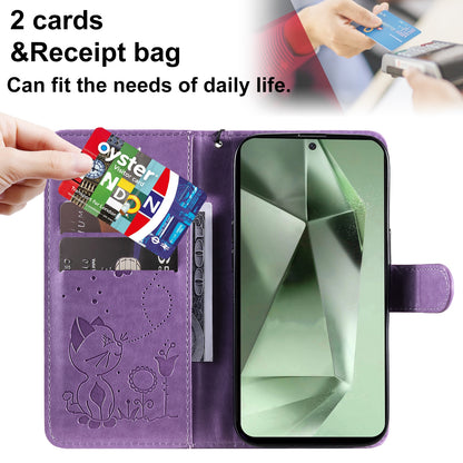 For Samsung Galaxy S24 FE 5G Cat and Bee Embossed Flip Leather Phone Case Wallet Cover with Card Slots Cash Pocket Magnetic Stand Protective Shockproof TPU PU Leather Case with Wrist Strap
