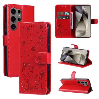 For Samsung Galaxy S25 Ultra 5G Cat and Bee Embossed Flip Leather Phone Case Wallet Cover with Card Slots Cash Pocket Magnetic Stand Protective Shockproof TPU PU Leather Case with Wrist Strap