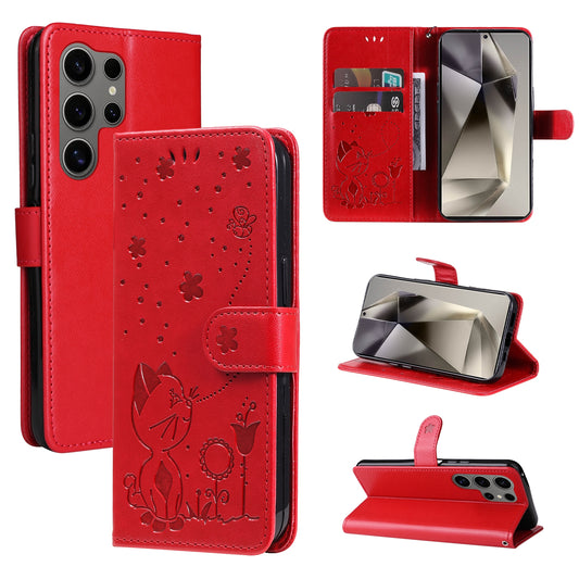 For Samsung Galaxy S25 Ultra 5G Cat and Bee Embossed Flip Leather Phone Case Wallet Cover with Card Slots Cash Pocket Magnetic Stand Protective Shockproof TPU PU Leather Case with Wrist Strap