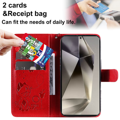 For Samsung Galaxy S25 Ultra 5G Cat and Bee Embossed Flip Leather Phone Case Wallet Cover with Card Slots Cash Pocket Magnetic Stand Protective Shockproof TPU PU Leather Case with Wrist Strap