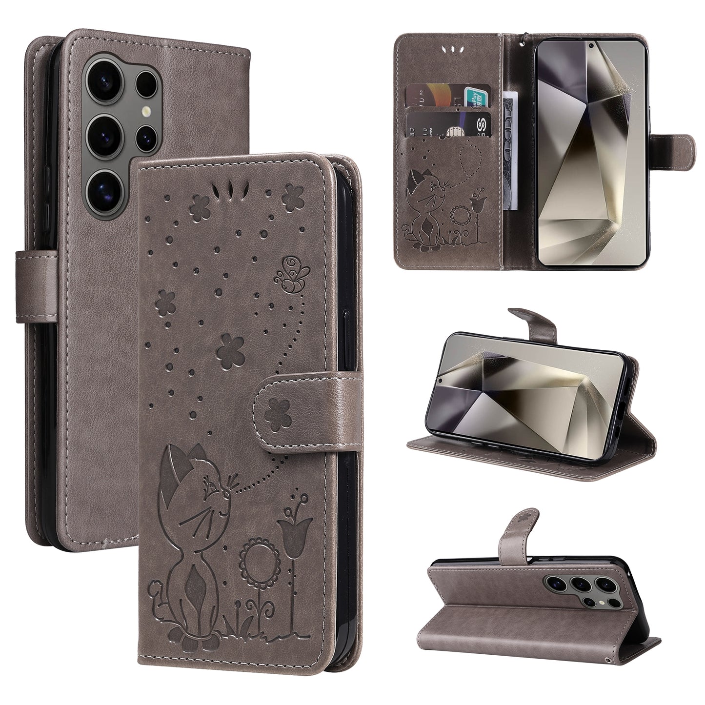 For Samsung Galaxy S25 Ultra 5G Cat and Bee Embossed Flip Leather Phone Case Wallet Cover with Card Slots Cash Pocket Magnetic Stand Protective Shockproof TPU PU Leather Case with Wrist Strap