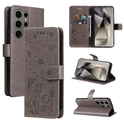 For Samsung Galaxy S25 Ultra 5G Cat and Bee Embossed Flip Leather Phone Case Wallet Cover with Card Slots Cash Pocket Magnetic Stand Protective Shockproof TPU PU Leather Case with Wrist Strap