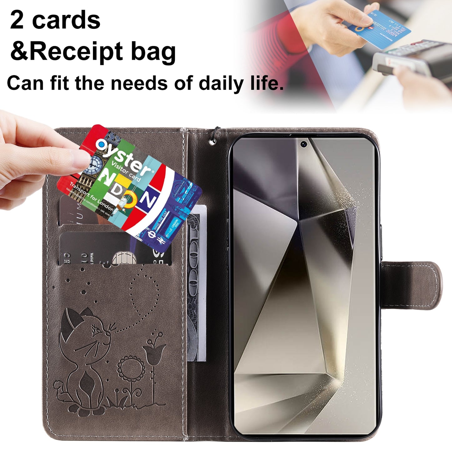 For Samsung Galaxy S25 Ultra 5G Cat and Bee Embossed Flip Leather Phone Case Wallet Cover with Card Slots Cash Pocket Magnetic Stand Protective Shockproof TPU PU Leather Case with Wrist Strap