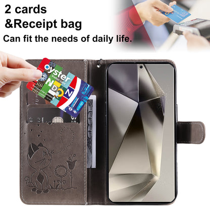 For Samsung Galaxy S25 Ultra 5G Cat and Bee Embossed Flip Leather Phone Case Wallet Cover with Card Slots Cash Pocket Magnetic Stand Protective Shockproof TPU PU Leather Case with Wrist Strap