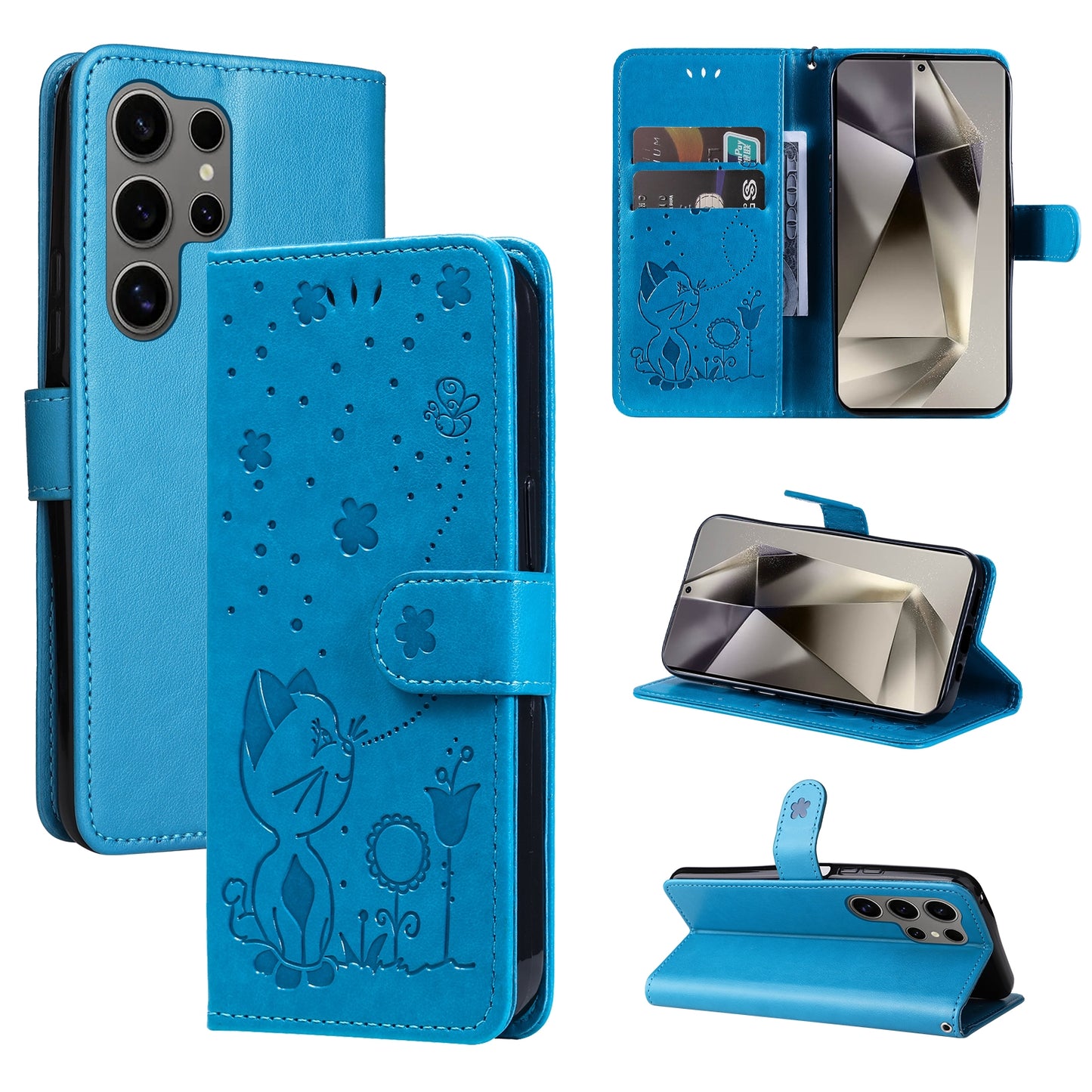 For Samsung Galaxy S25 Ultra 5G Cat and Bee Embossed Flip Leather Phone Case Wallet Cover with Card Slots Cash Pocket Magnetic Stand Protective Shockproof TPU PU Leather Case with Wrist Strap