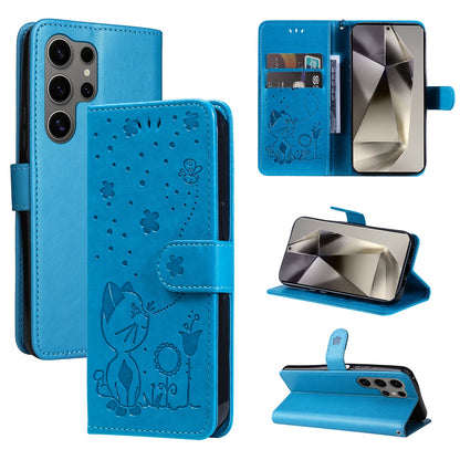 For Samsung Galaxy S25 Ultra 5G Cat and Bee Embossed Flip Leather Phone Case Wallet Cover with Card Slots Cash Pocket Magnetic Stand Protective Shockproof TPU PU Leather Case with Wrist Strap
