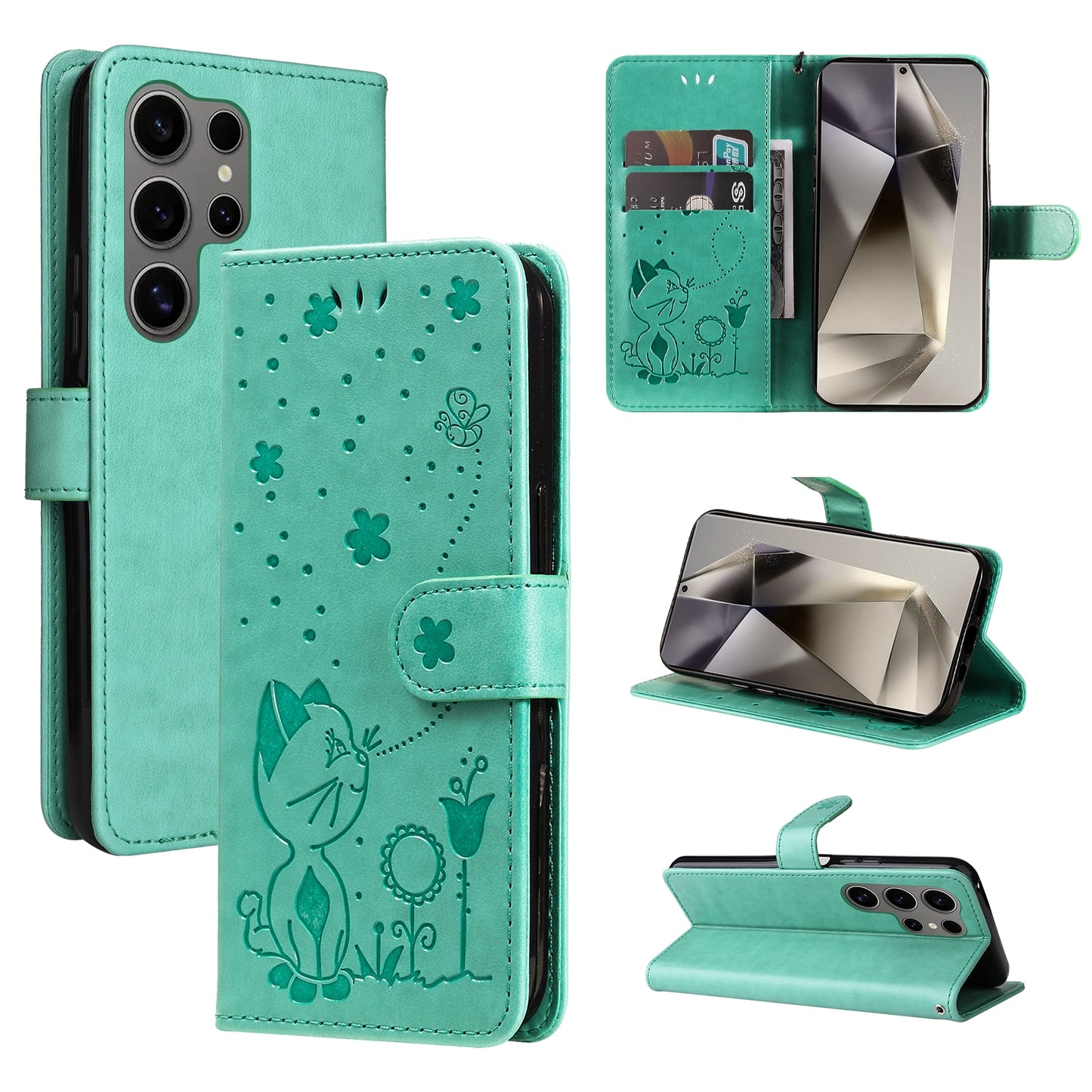 For Samsung Galaxy S25 Ultra 5G Cat and Bee Embossed Flip Leather Phone Case Wallet Cover with Card Slots Cash Pocket Magnetic Stand Protective Shockproof TPU PU Leather Case with Wrist Strap