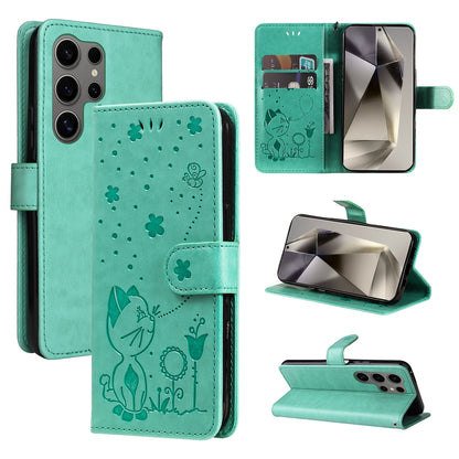 For Samsung Galaxy S25 Ultra 5G Cat and Bee Embossed Flip Leather Phone Case Wallet Cover with Card Slots Cash Pocket Magnetic Stand Protective Shockproof TPU PU Leather Case with Wrist Strap