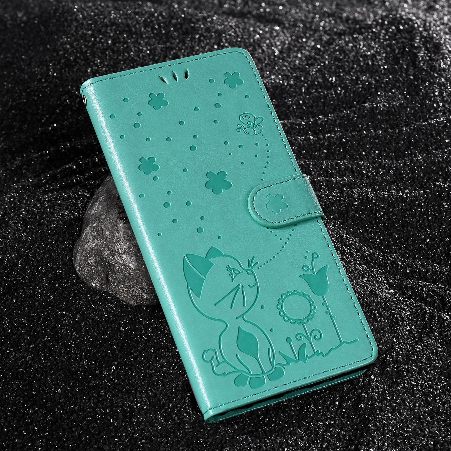 For Samsung Galaxy S25 Ultra 5G Cat and Bee Embossed Flip Leather Phone Case Wallet Cover with Card Slots Cash Pocket Magnetic Stand Protective Shockproof TPU PU Leather Case with Wrist Strap