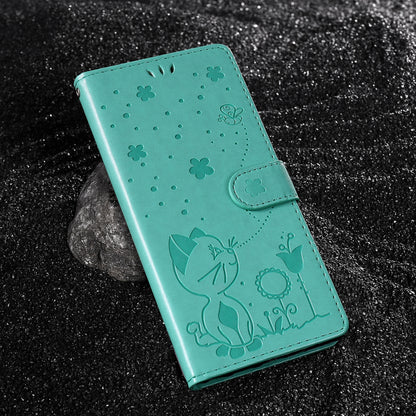 For Samsung Galaxy S25 Ultra 5G Cat and Bee Embossed Flip Leather Phone Case Wallet Cover with Card Slots Cash Pocket Magnetic Stand Protective Shockproof TPU PU Leather Case with Wrist Strap