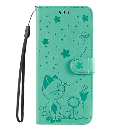 For Samsung Galaxy S25 Ultra 5G Cat and Bee Embossed Flip Leather Phone Case Wallet Cover with Card Slots Cash Pocket Magnetic Stand Protective Shockproof TPU PU Leather Case with Wrist Strap