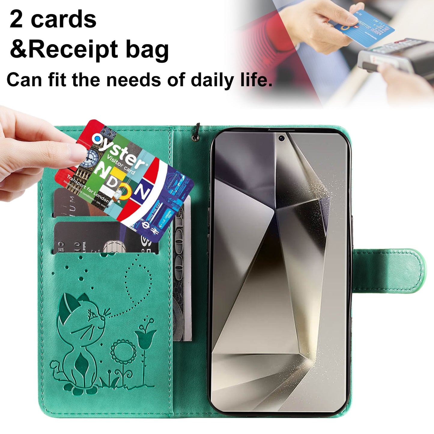 For Samsung Galaxy S25 Ultra 5G Cat and Bee Embossed Flip Leather Phone Case Wallet Cover with Card Slots Cash Pocket Magnetic Stand Protective Shockproof TPU PU Leather Case with Wrist Strap