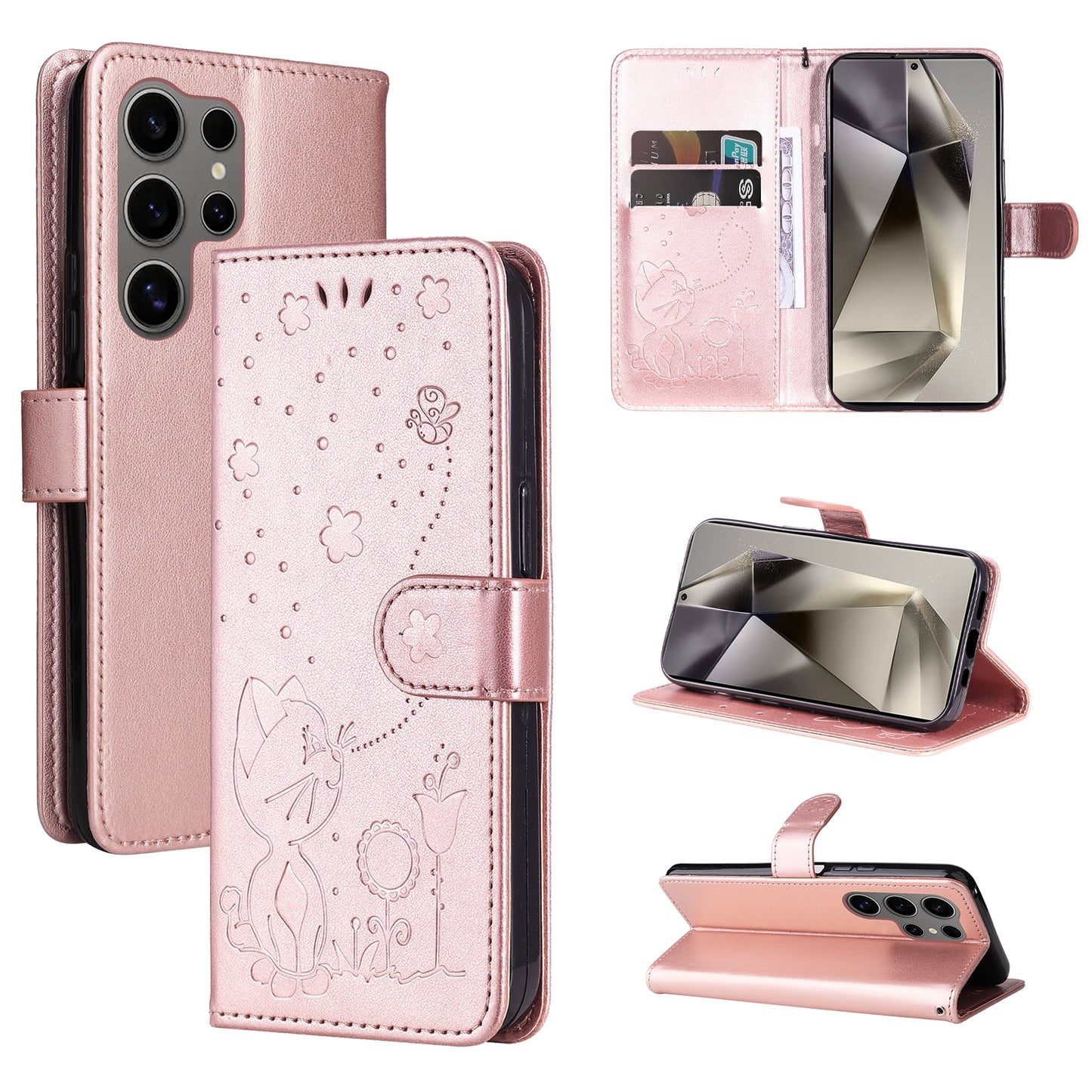 For Samsung Galaxy S25 Ultra 5G Cat and Bee Embossed Flip Leather Phone Case Wallet Cover with Card Slots Cash Pocket Magnetic Stand Protective Shockproof TPU PU Leather Case with Wrist Strap