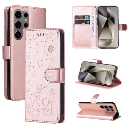For Samsung Galaxy S25 Ultra 5G Cat and Bee Embossed Flip Leather Phone Case Wallet Cover with Card Slots Cash Pocket Magnetic Stand Protective Shockproof TPU PU Leather Case with Wrist Strap