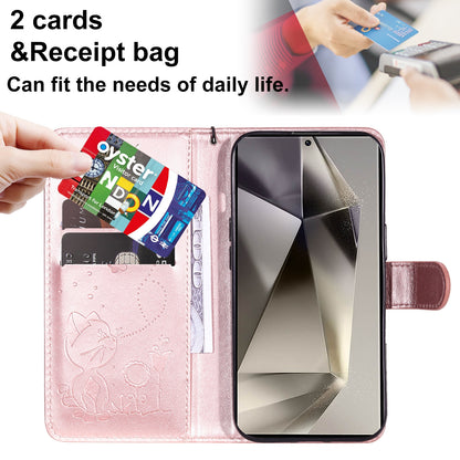 For Samsung Galaxy S25 Ultra 5G Cat and Bee Embossed Flip Leather Phone Case Wallet Cover with Card Slots Cash Pocket Magnetic Stand Protective Shockproof TPU PU Leather Case with Wrist Strap