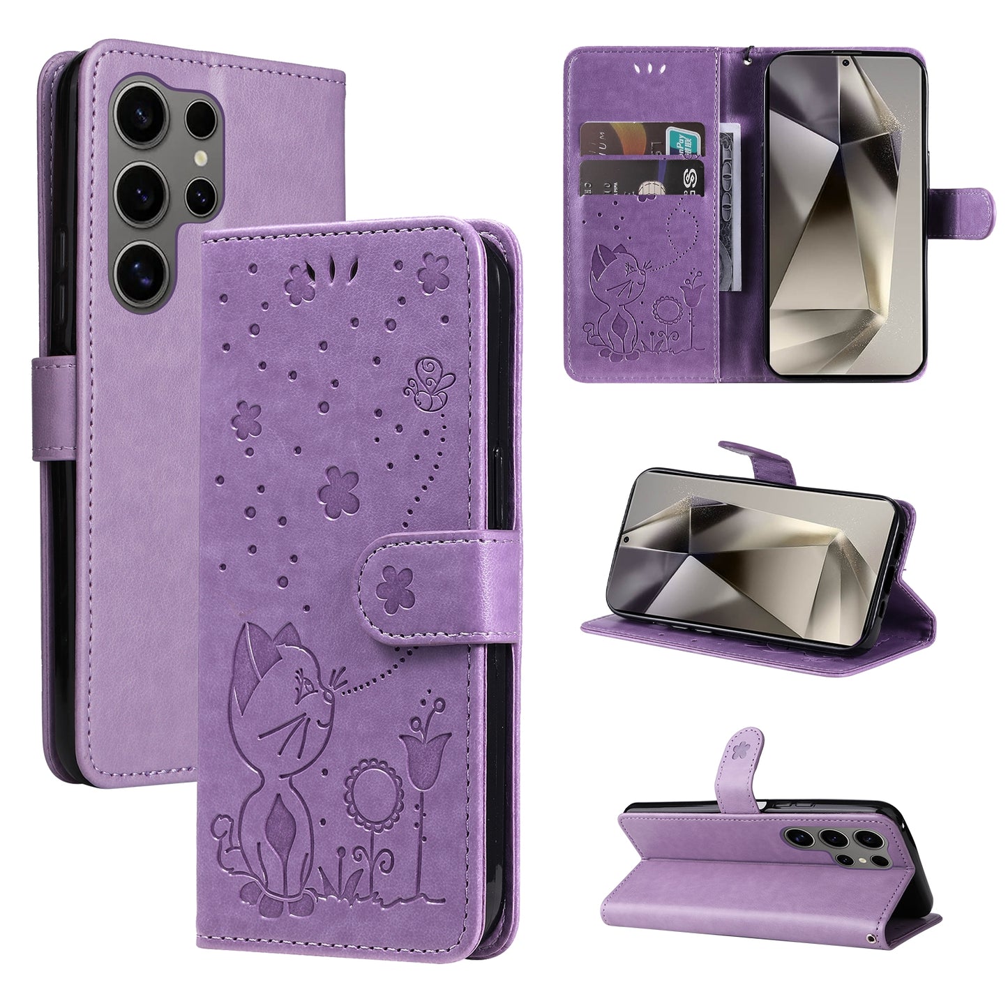 For Samsung Galaxy S25 Ultra 5G Cat and Bee Embossed Flip Leather Phone Case Wallet Cover with Card Slots Cash Pocket Magnetic Stand Protective Shockproof TPU PU Leather Case with Wrist Strap