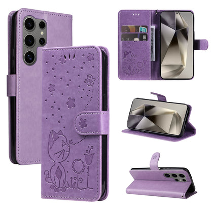 For Samsung Galaxy S25 Ultra 5G Cat and Bee Embossed Flip Leather Phone Case Wallet Cover with Card Slots Cash Pocket Magnetic Stand Protective Shockproof TPU PU Leather Case with Wrist Strap