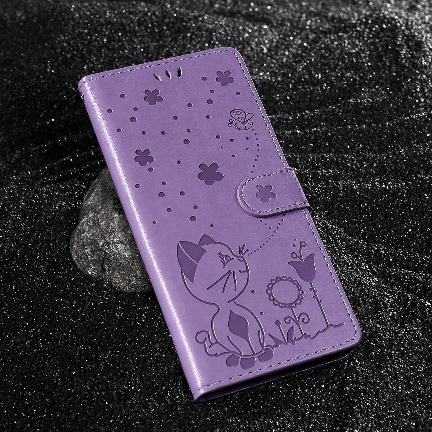 For Samsung Galaxy S25 Ultra 5G Cat and Bee Embossed Flip Leather Phone Case Wallet Cover with Card Slots Cash Pocket Magnetic Stand Protective Shockproof TPU PU Leather Case with Wrist Strap
