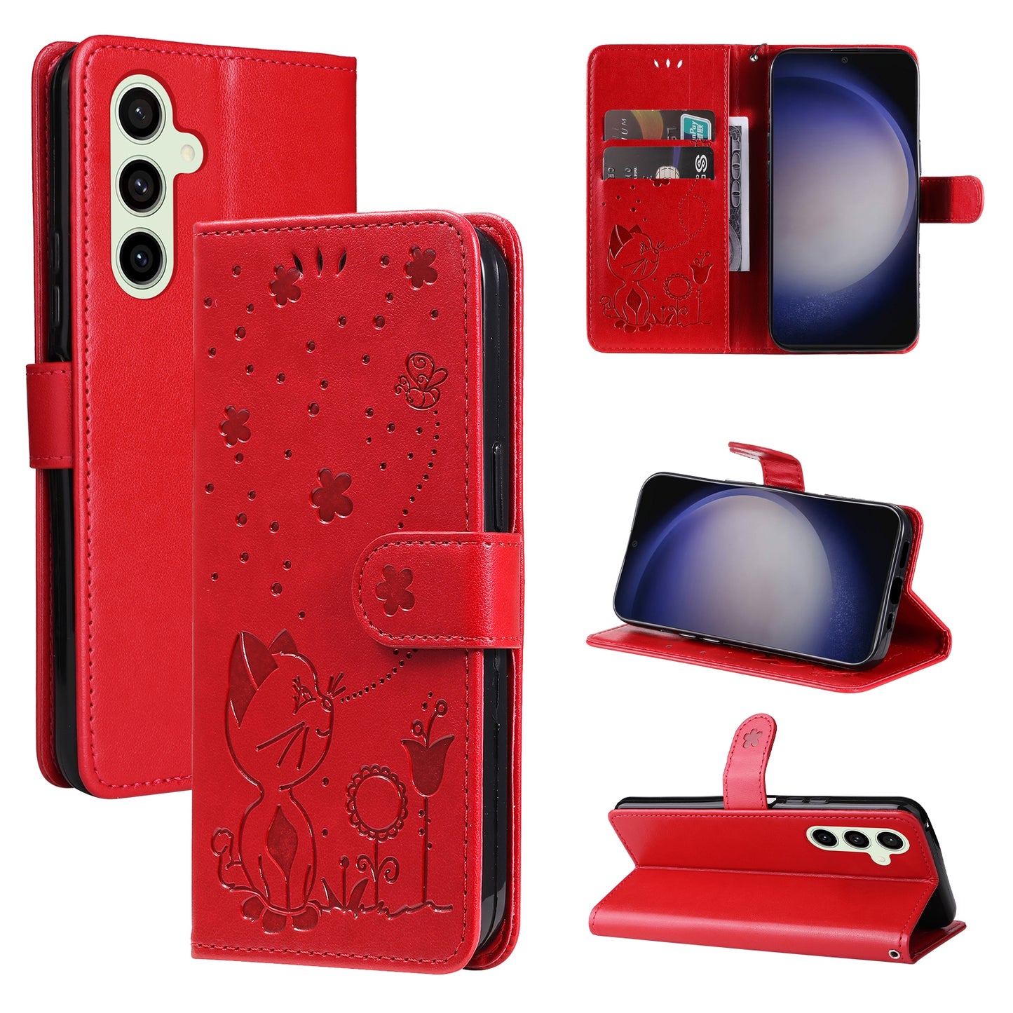 For Samsung Galaxy S25 5G Cat and Bee Embossed Flip Leather Phone Case Wallet Cover with Card Slots Cash Pocket Magnetic Stand Protective Shockproof TPU PU Leather Case with Wrist Strap