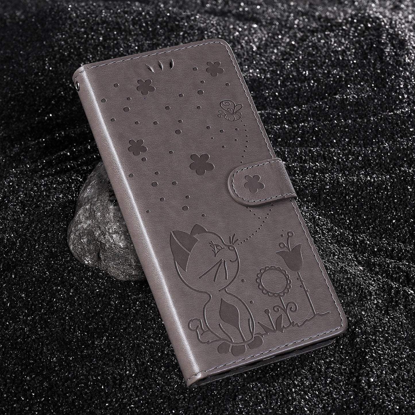 For Samsung Galaxy S25 5G Cat and Bee Embossed Flip Leather Phone Case Wallet Cover with Card Slots Cash Pocket Magnetic Stand Protective Shockproof TPU PU Leather Case with Wrist Strap
