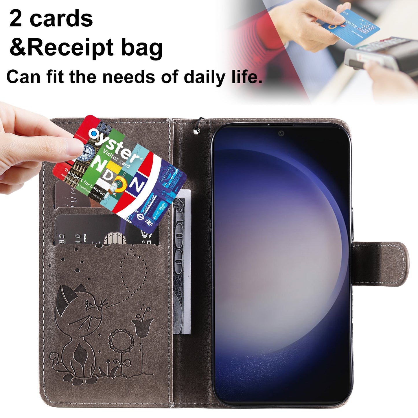 For Samsung Galaxy S24 5G Cat and Bee Embossed Flip Leather Phone Case Wallet Cover with Card Slots Cash Pocket Magnetic Stand Protective Shockproof TPU PU Leather Case with Wrist Strap
