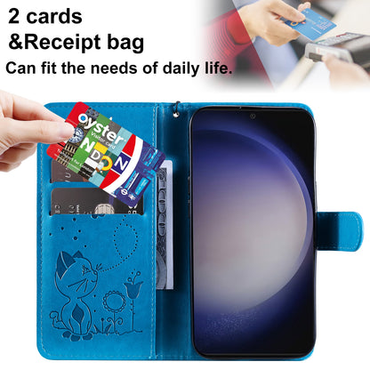 For Samsung Galaxy S25 5G Cat and Bee Embossed Flip Leather Phone Case Wallet Cover with Card Slots Cash Pocket Magnetic Stand Protective Shockproof TPU PU Leather Case with Wrist Strap