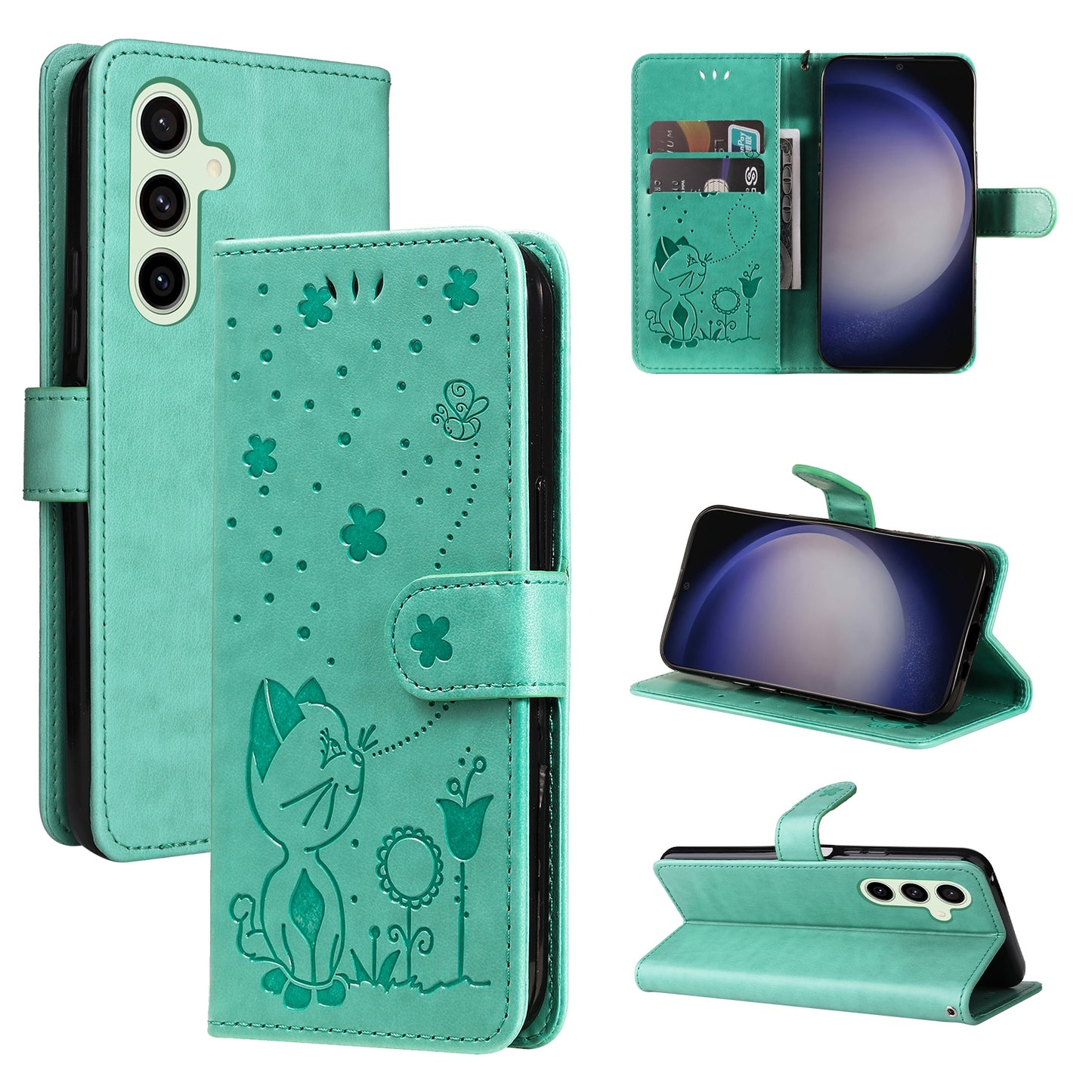 For Samsung Galaxy S25 5G Cat and Bee Embossed Flip Leather Phone Case Wallet Cover with Card Slots Cash Pocket Magnetic Stand Protective Shockproof TPU PU Leather Case with Wrist Strap