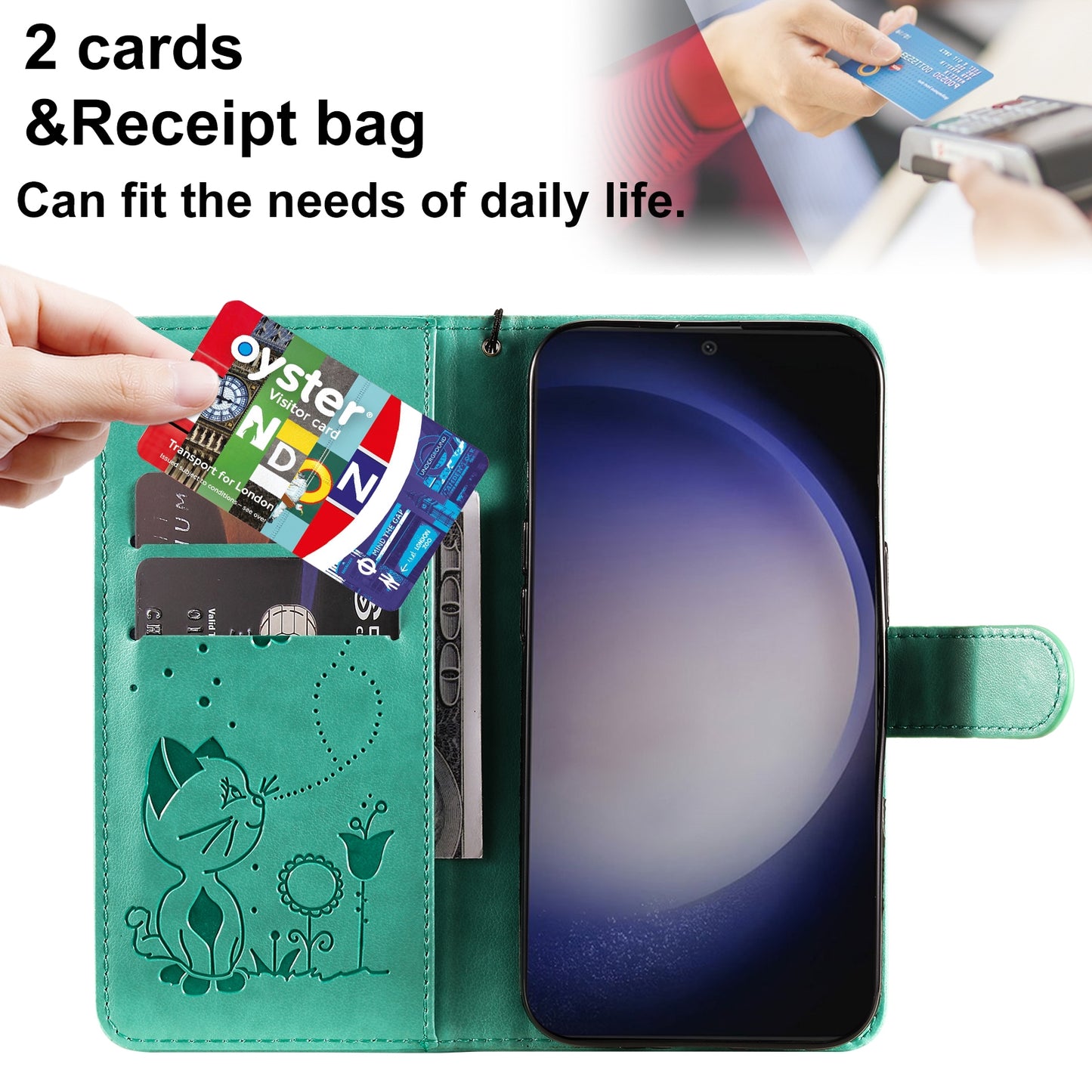 For Samsung Galaxy S24 5G Cat and Bee Embossed Flip Leather Phone Case Wallet Cover with Card Slots Cash Pocket Magnetic Stand Protective Shockproof TPU PU Leather Case with Wrist Strap
