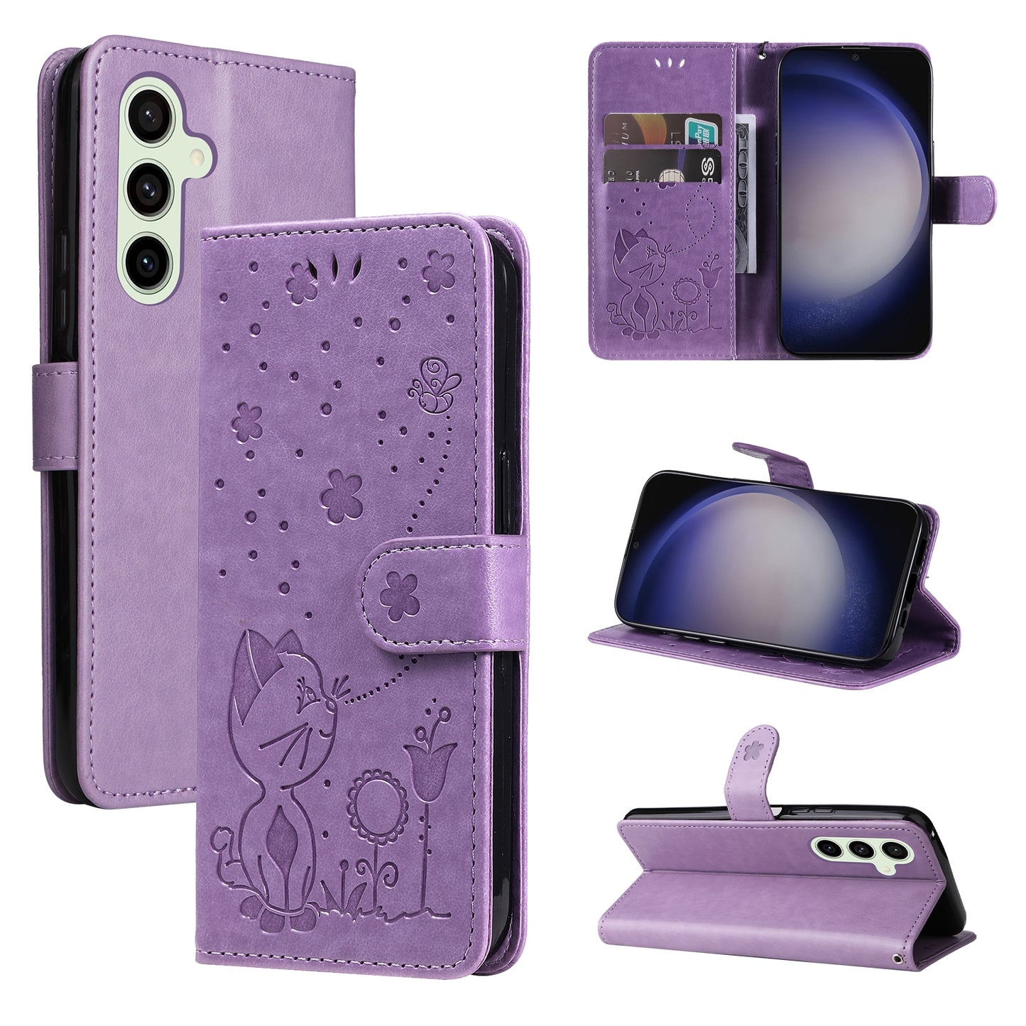 For Samsung Galaxy S24 5G Cat and Bee Embossed Flip Leather Phone Case Wallet Cover with Card Slots Cash Pocket Magnetic Stand Protective Shockproof TPU PU Leather Case with Wrist Strap