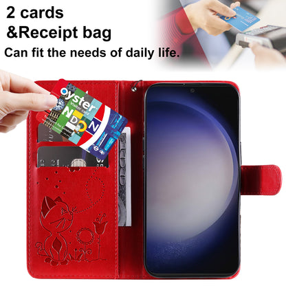 For Samsung Galaxy S24+ 5G Cat and Bee Embossed Flip Leather Phone Case Wallet Cover with Card Slots Cash Pocket Magnetic Stand Protective Shockproof TPU PU Leather Case with Wrist Strap