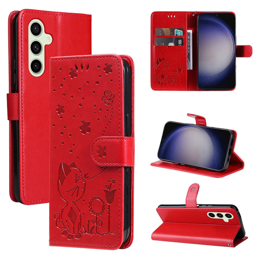 For Samsung Galaxy S24+ 5G Cat and Bee Embossed Flip Leather Phone Case Wallet Cover with Card Slots Cash Pocket Magnetic Stand Protective Shockproof TPU PU Leather Case with Wrist Strap