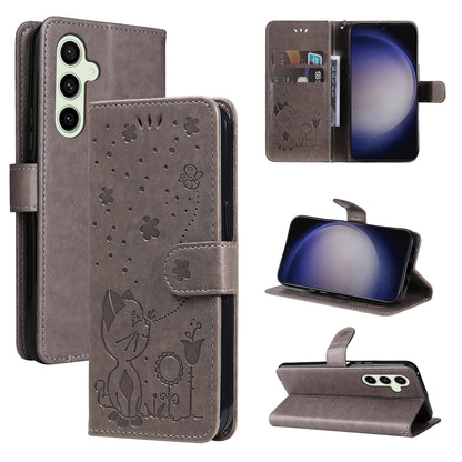 For Samsung Galaxy S25+ 5G Cat and Bee Embossed Flip Leather Phone Case Wallet Cover with Card Slots Cash Pocket Magnetic Stand Protective Shockproof TPU PU Leather Case with Wrist Strap