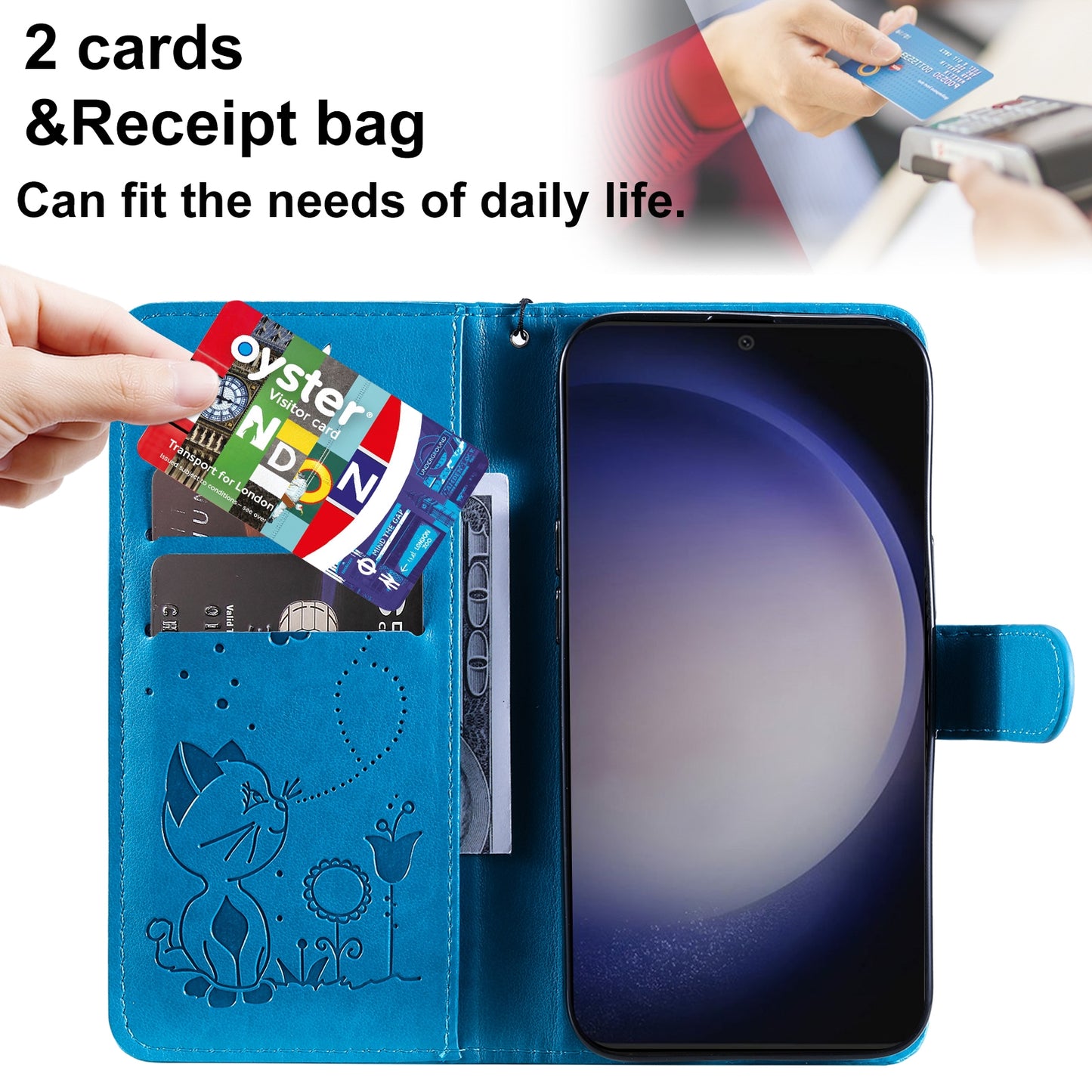 For Samsung Galaxy S24+ 5G Cat and Bee Embossed Flip Leather Phone Case Wallet Cover with Card Slots Cash Pocket Magnetic Stand Protective Shockproof TPU PU Leather Case with Wrist Strap