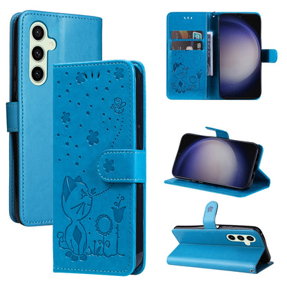 For Samsung Galaxy S24+ 5G Cat and Bee Embossed Flip Leather Phone Case Wallet Cover with Card Slots Cash Pocket Magnetic Stand Protective Shockproof TPU PU Leather Case with Wrist Strap