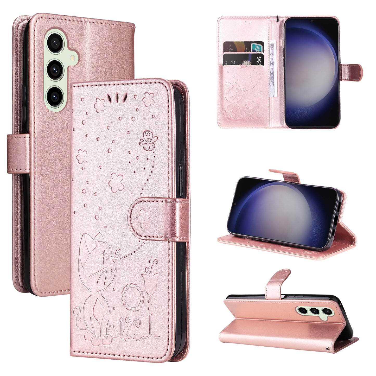 For Samsung Galaxy S25+ 5G Cat and Bee Embossed Flip Leather Phone Case Wallet Cover with Card Slots Cash Pocket Magnetic Stand Protective Shockproof TPU PU Leather Case with Wrist Strap