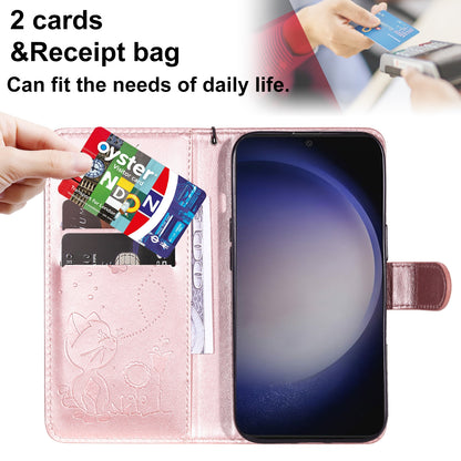For Samsung Galaxy S25+ 5G Cat and Bee Embossed Flip Leather Phone Case Wallet Cover with Card Slots Cash Pocket Magnetic Stand Protective Shockproof TPU PU Leather Case with Wrist Strap