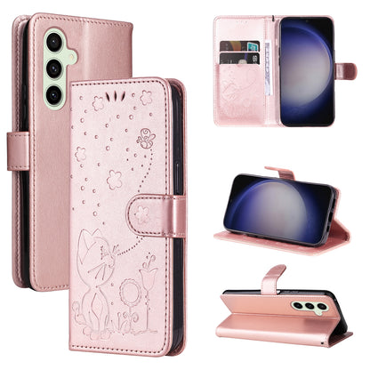 For Samsung Galaxy S24+ 5G Cat and Bee Embossed Flip Leather Phone Case Wallet Cover with Card Slots Cash Pocket Magnetic Stand Protective Shockproof TPU PU Leather Case with Wrist Strap