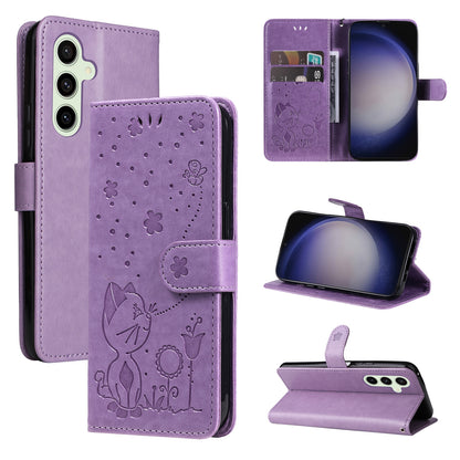 For Samsung Galaxy S25+ 5G Cat and Bee Embossed Flip Leather Phone Case Wallet Cover with Card Slots Cash Pocket Magnetic Stand Protective Shockproof TPU PU Leather Case with Wrist Strap