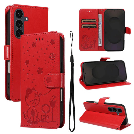 For Samsung Galaxy S25 FE 5G Cat and Bee Embossed Flip Leather Phone Case Wallet Cover with Card Slots Cash Pocket Magnetic Stand Protective Shockproof TPU PU Leather Case with Wrist Strap