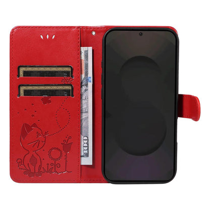 For Samsung Galaxy S25 FE 5G Cat and Bee Embossed Flip Leather Phone Case Wallet Cover with Card Slots Cash Pocket Magnetic Stand Protective Shockproof TPU PU Leather Case with Wrist Strap