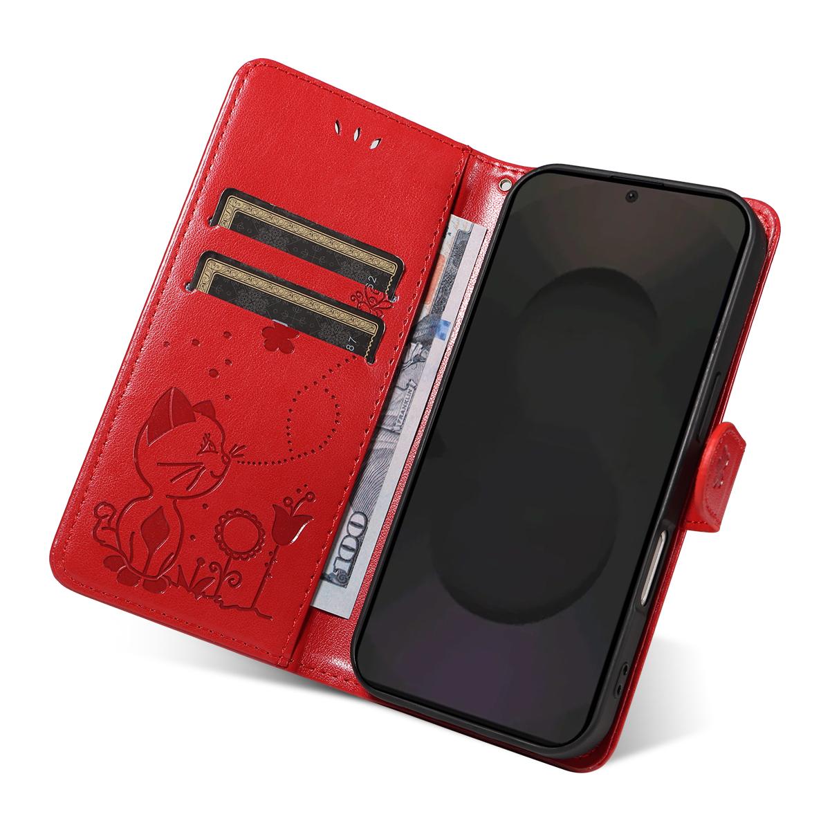 For Samsung Galaxy S25 FE 5G Cat and Bee Embossed Flip Leather Phone Case Wallet Cover with Card Slots Cash Pocket Magnetic Stand Protective Shockproof TPU PU Leather Case with Wrist Strap