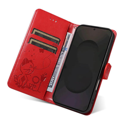 For Samsung Galaxy S25 FE 5G Cat and Bee Embossed Flip Leather Phone Case Wallet Cover with Card Slots Cash Pocket Magnetic Stand Protective Shockproof TPU PU Leather Case with Wrist Strap