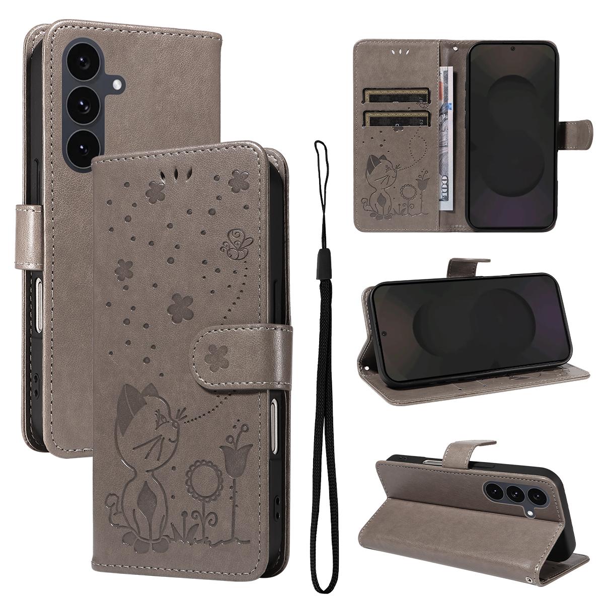 For Samsung Galaxy S25 FE 5G Cat and Bee Embossed Flip Leather Phone Case Wallet Cover with Card Slots Cash Pocket Magnetic Stand Protective Shockproof TPU PU Leather Case with Wrist Strap