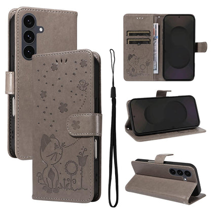 For Samsung Galaxy S25 FE 5G Cat and Bee Embossed Flip Leather Phone Case Wallet Cover with Card Slots Cash Pocket Magnetic Stand Protective Shockproof TPU PU Leather Case with Wrist Strap