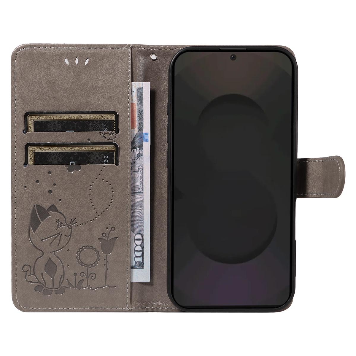 For Samsung Galaxy S25 FE 5G Cat and Bee Embossed Flip Leather Phone Case Wallet Cover with Card Slots Cash Pocket Magnetic Stand Protective Shockproof TPU PU Leather Case with Wrist Strap
